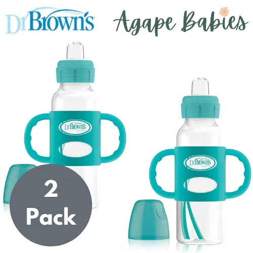 [2-Pack] Dr Brown's 8 oz/250 ml PP NN"Options Compatible" Sippy Spout Bottle W/Silicone Handles - Turquoise