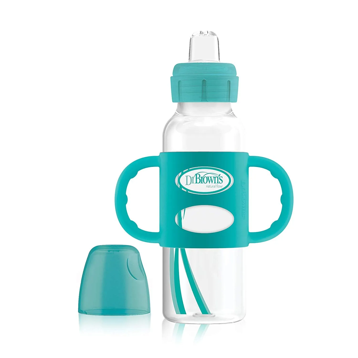 [2-Pack] Dr Brown's 8 oz/250 ml PP NN"Options Compatible" Sippy Spout Bottle W/Silicone Handles - Turquoise