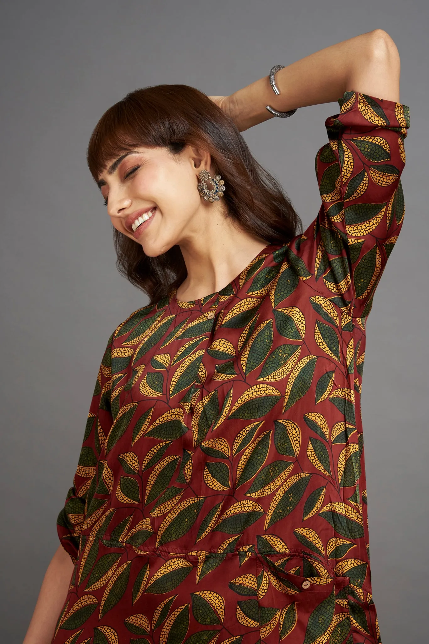 a-line silk dress with patch pocket - illuminating madder & autumn leaves