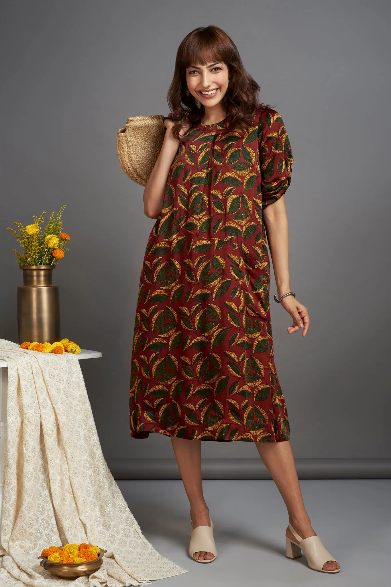 a-line silk dress with patch pocket - illuminating madder & autumn leaves