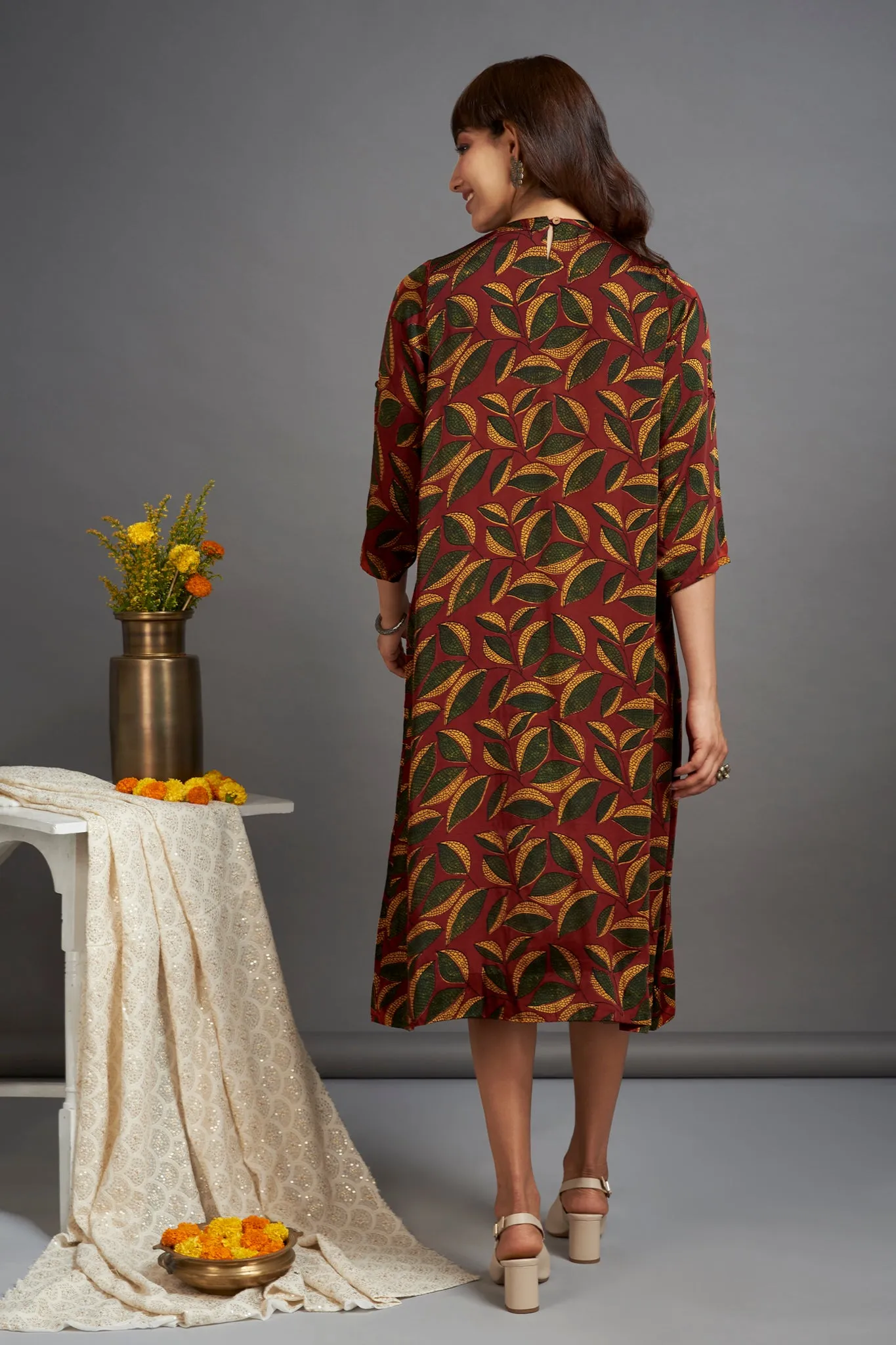 a-line silk dress with patch pocket - illuminating madder & autumn leaves