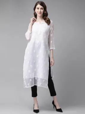 ADA Women White & Black Chikankari Embroidered Handloom Kurta & Slip with Churidar