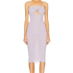 Addie Flower Detailed Ruched Mesh Midi Dress