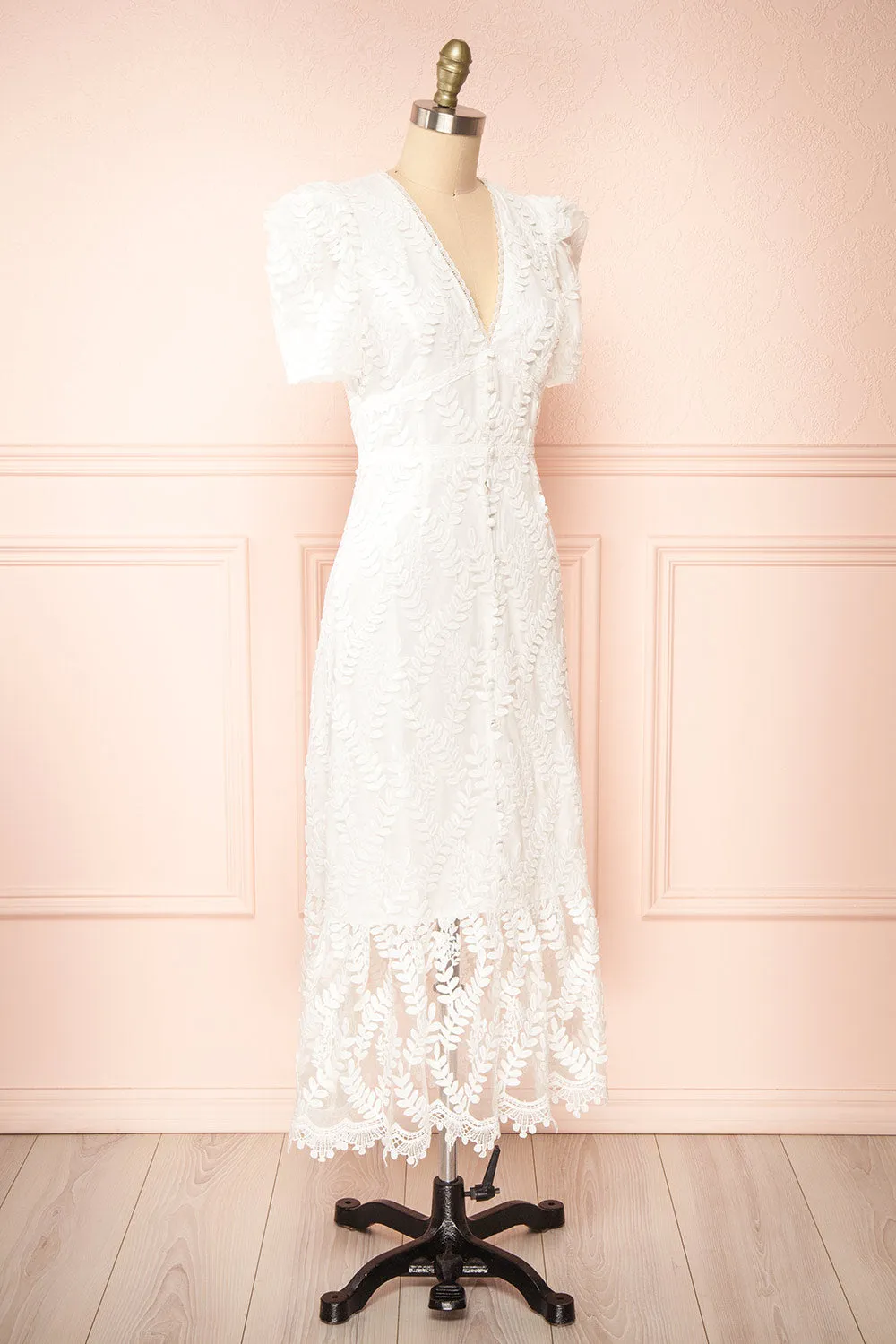 Annais | White Midi Dress w/ Shimmery Embroidery