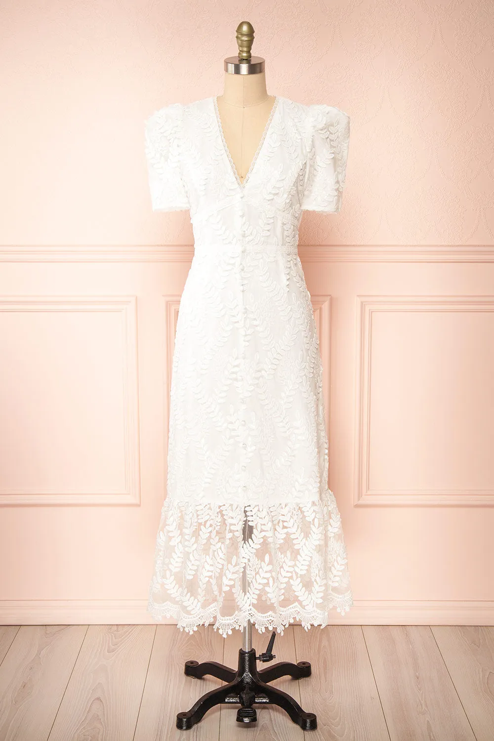 Annais | White Midi Dress w/ Shimmery Embroidery