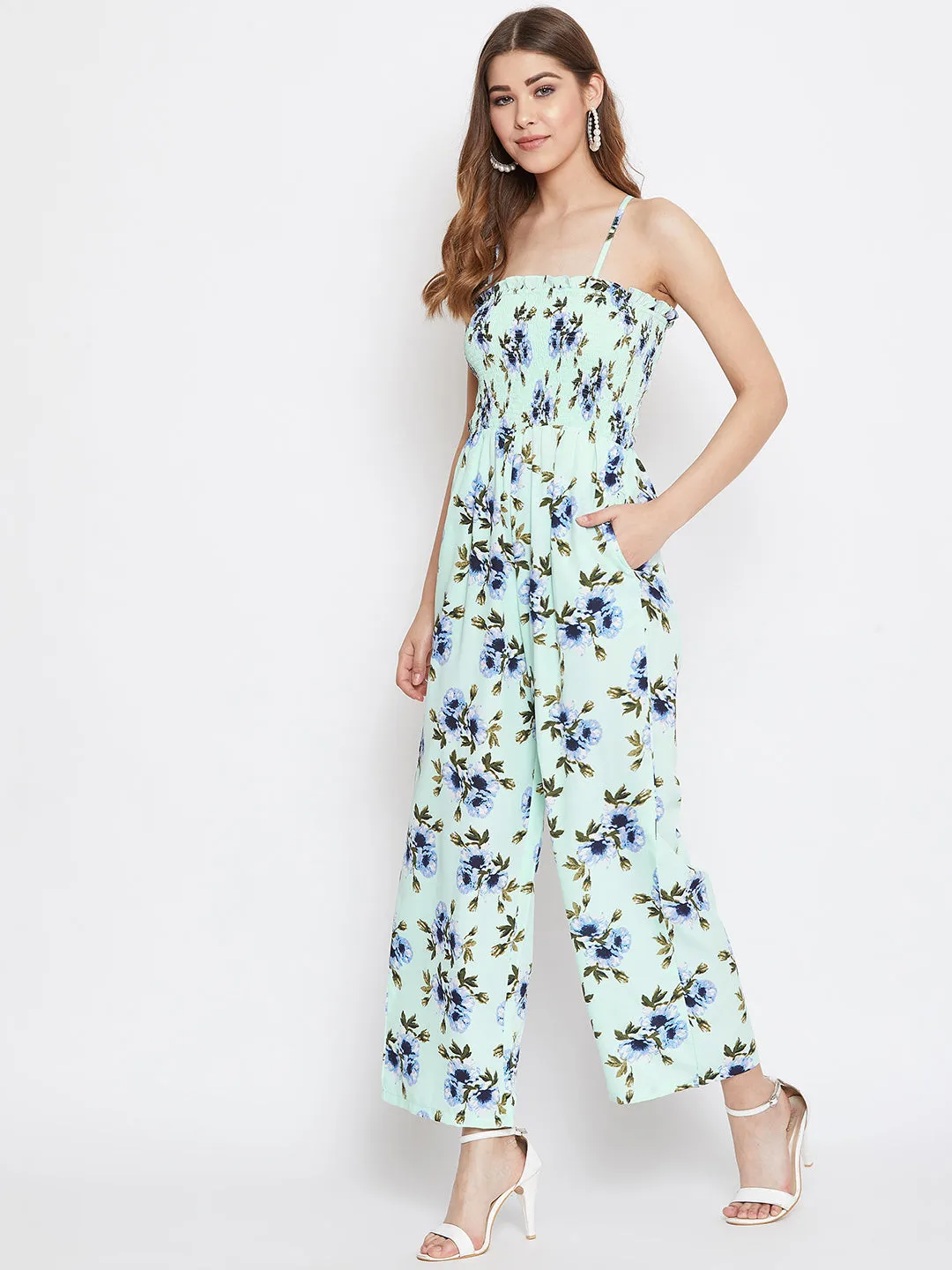 Berrylush Women Green Floral Print Shoulder Strap Smocked Jumpsuit