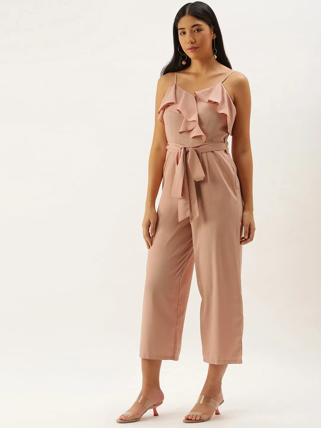 Berrylush Women Solid Pink Sleeveless Ruffled Jumpsuit