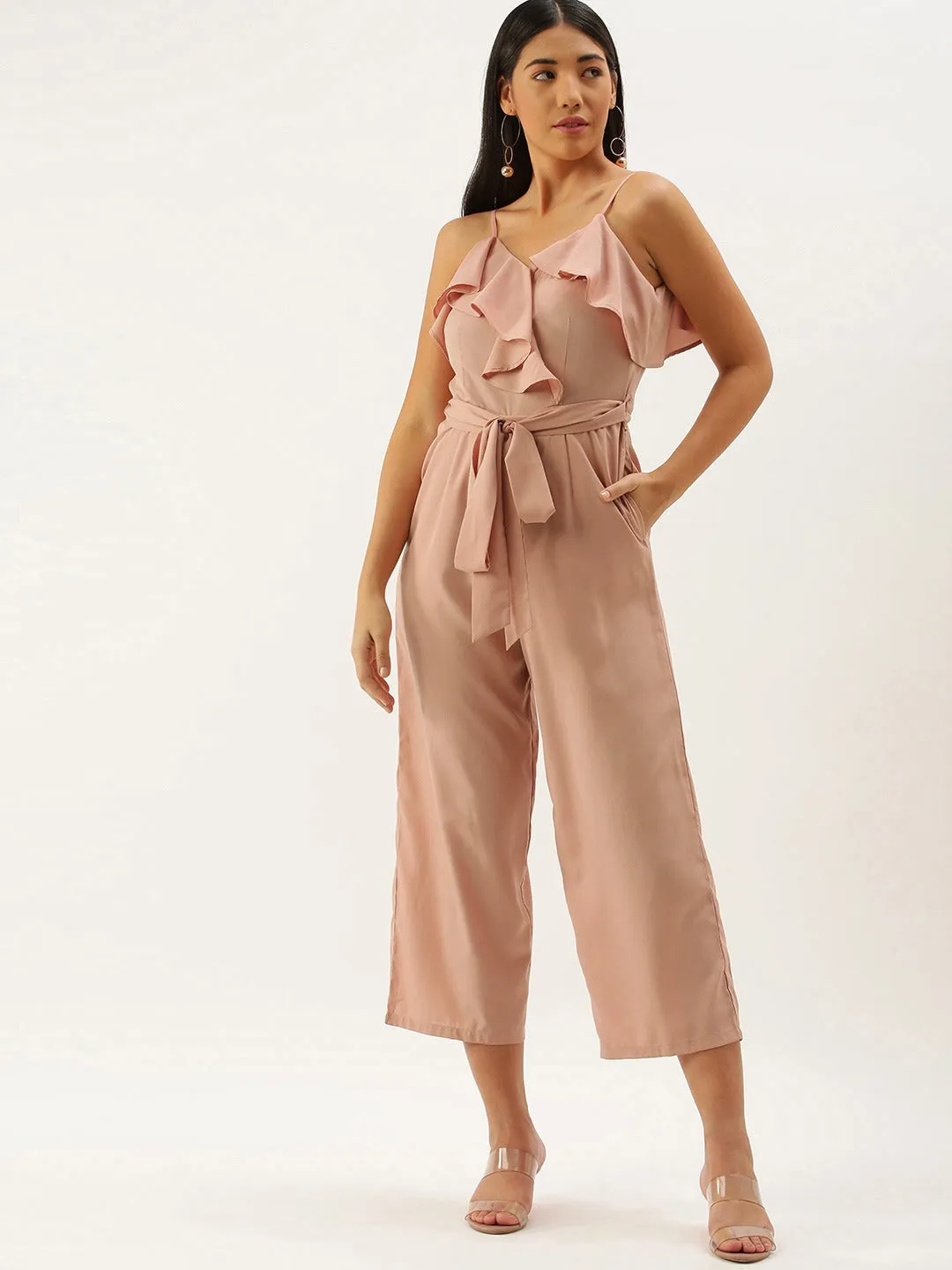 Berrylush Women Solid Pink Sleeveless Ruffled Jumpsuit