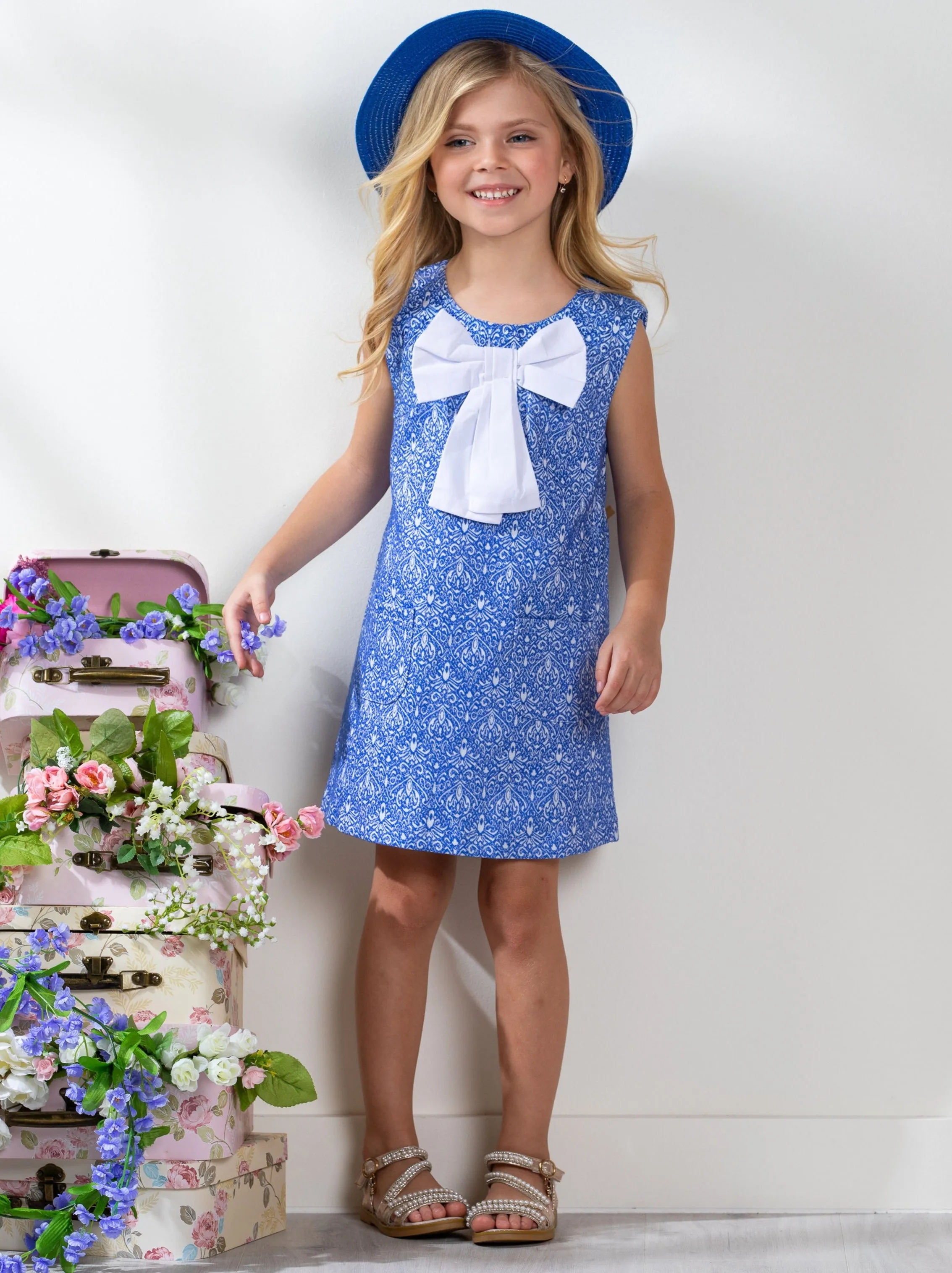 Big Bow Blue Jacquard  Dress by Kids Couture