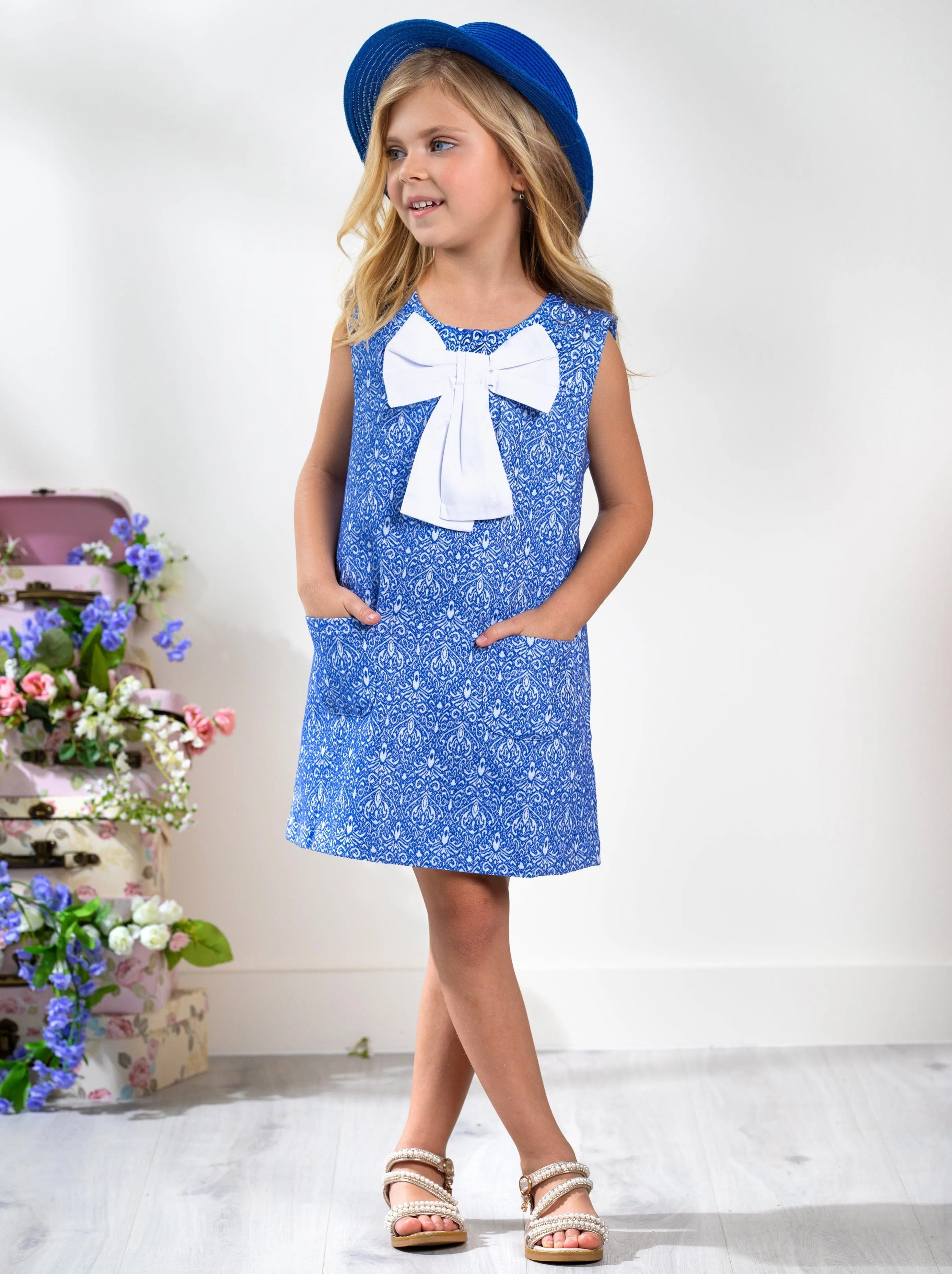 Big Bow Blue Jacquard  Dress by Kids Couture