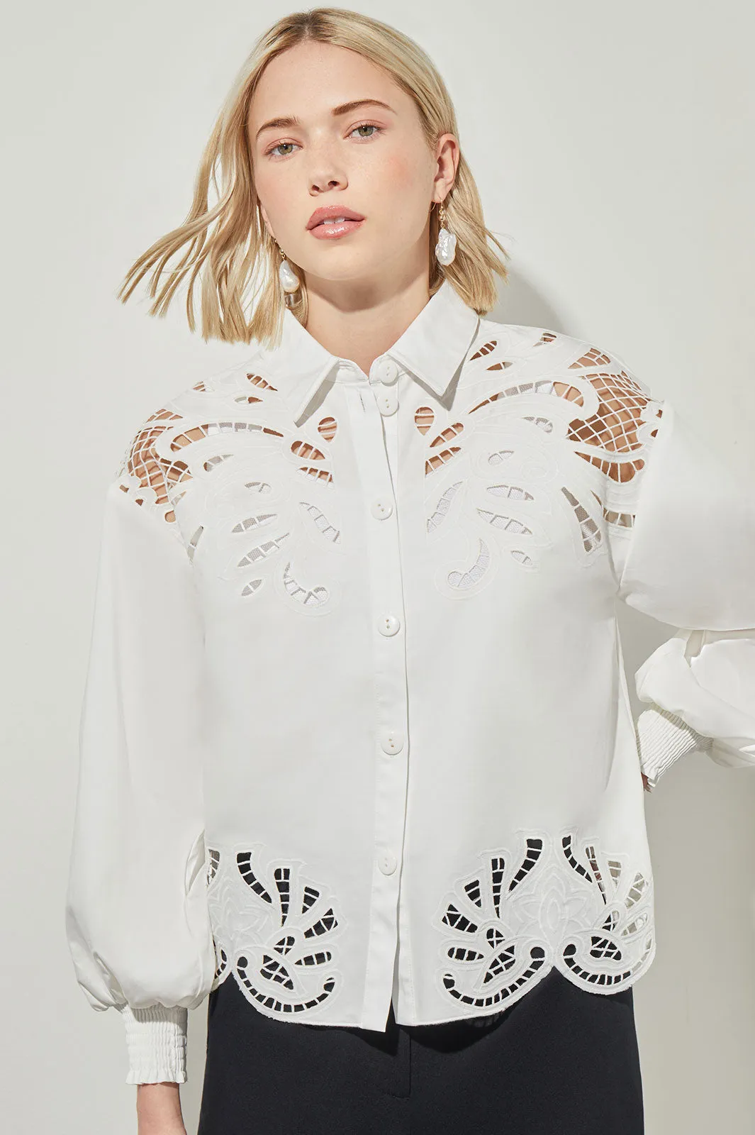 Bishop Sleeve Blouse - Floral Lace Stretch Cotton, White