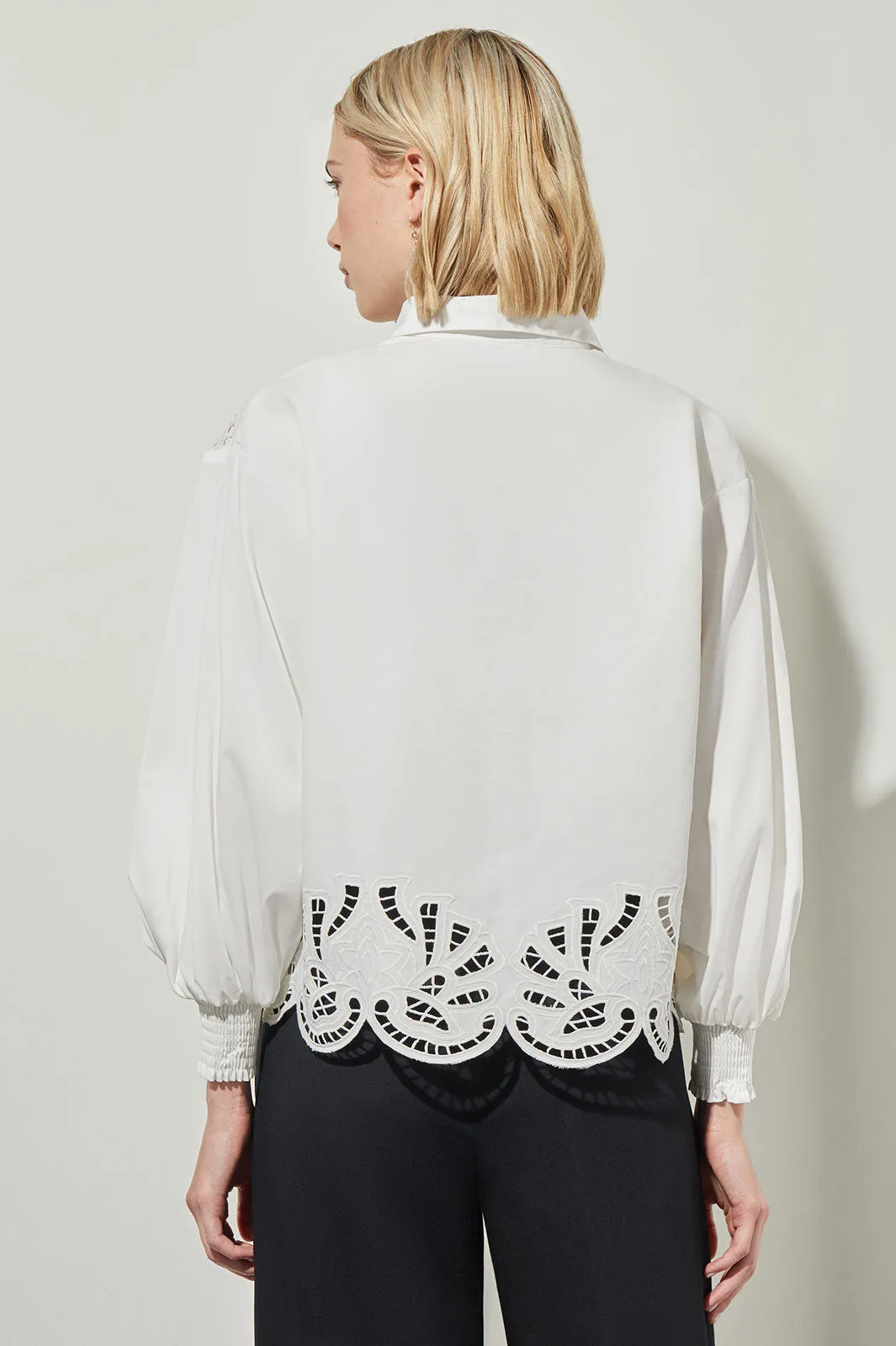 Bishop Sleeve Blouse - Floral Lace Stretch Cotton, White