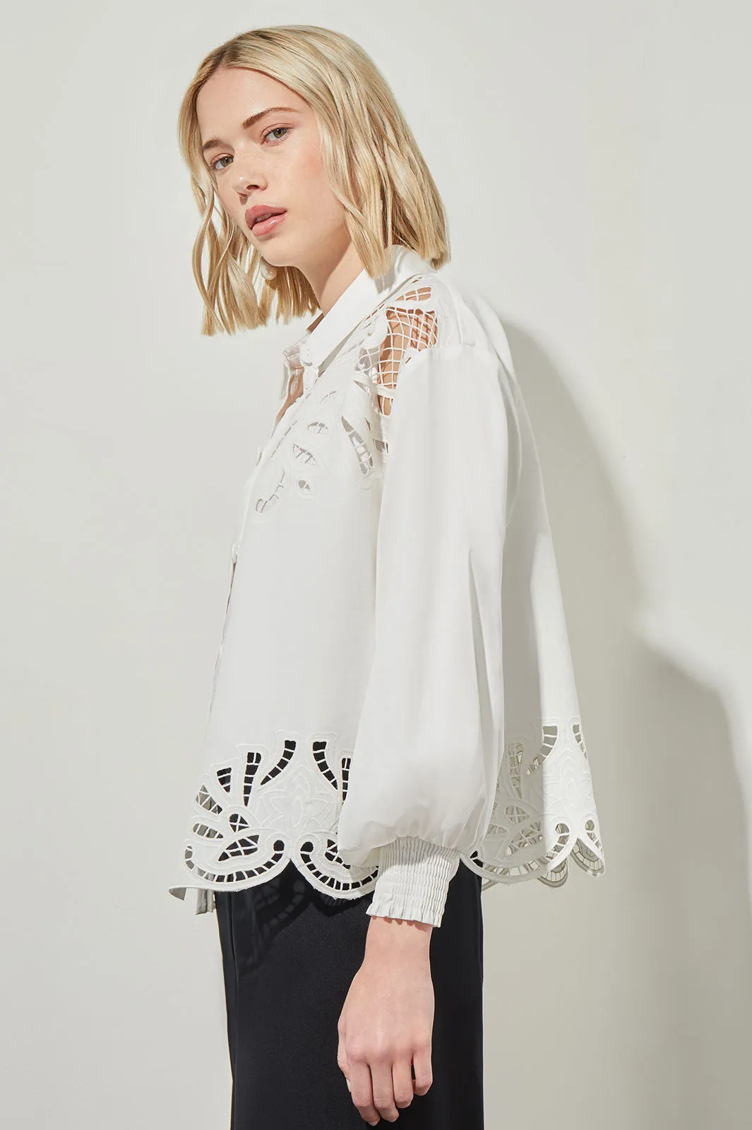 Bishop Sleeve Blouse - Floral Lace Stretch Cotton, White