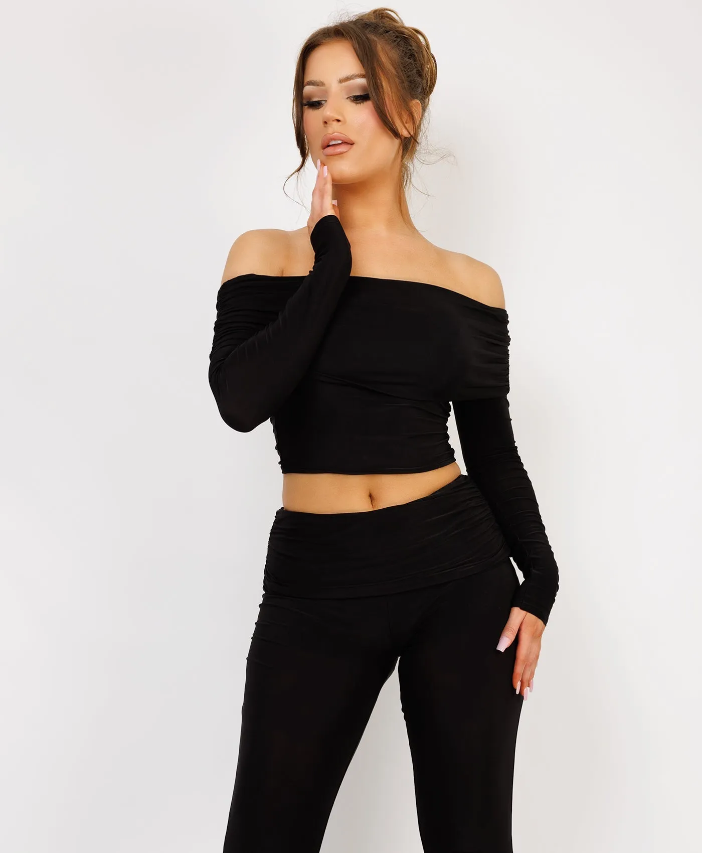 Black Flare Trousers And Off Shoulder Top Fold Detail Set