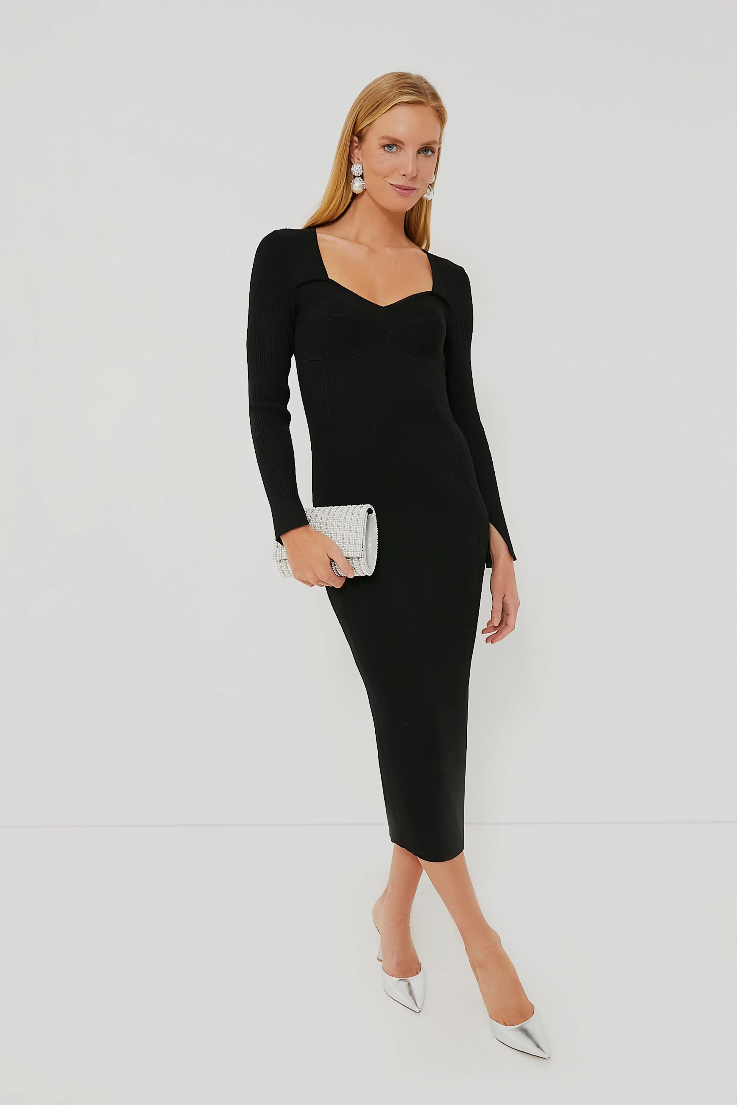 Black Long Sleeve Sculpted Midi Dress