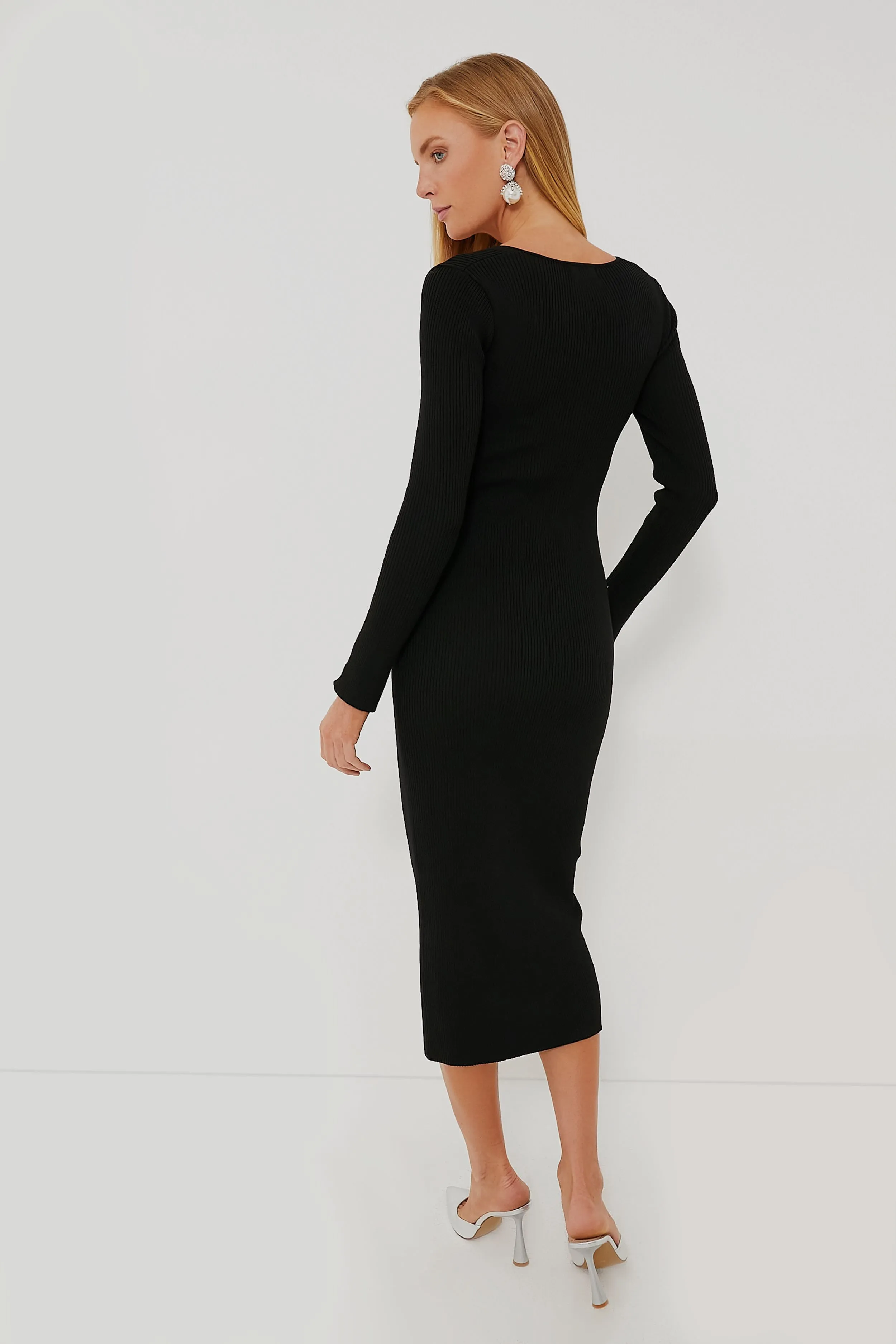 Black Long Sleeve Sculpted Midi Dress