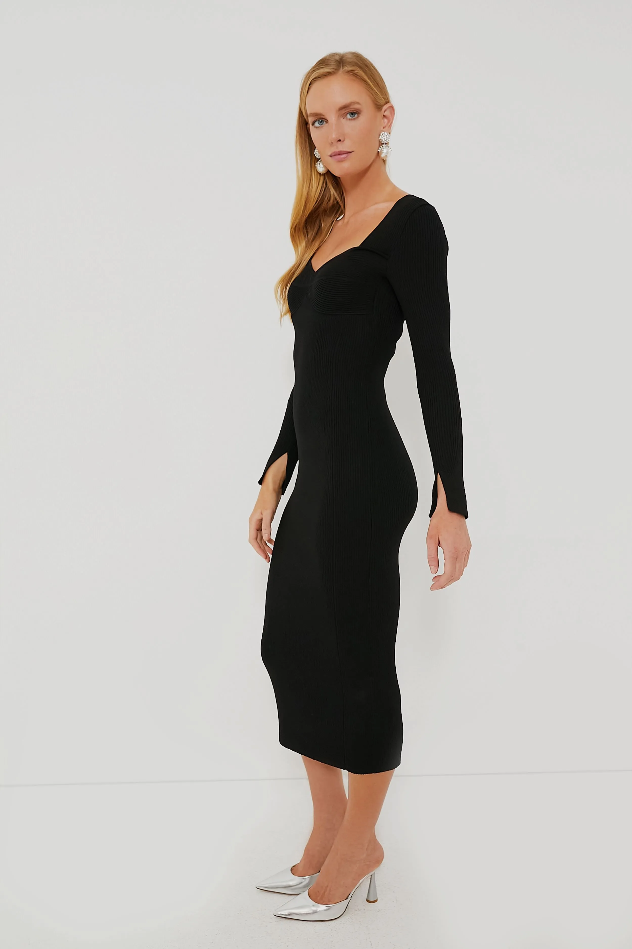 Black Long Sleeve Sculpted Midi Dress