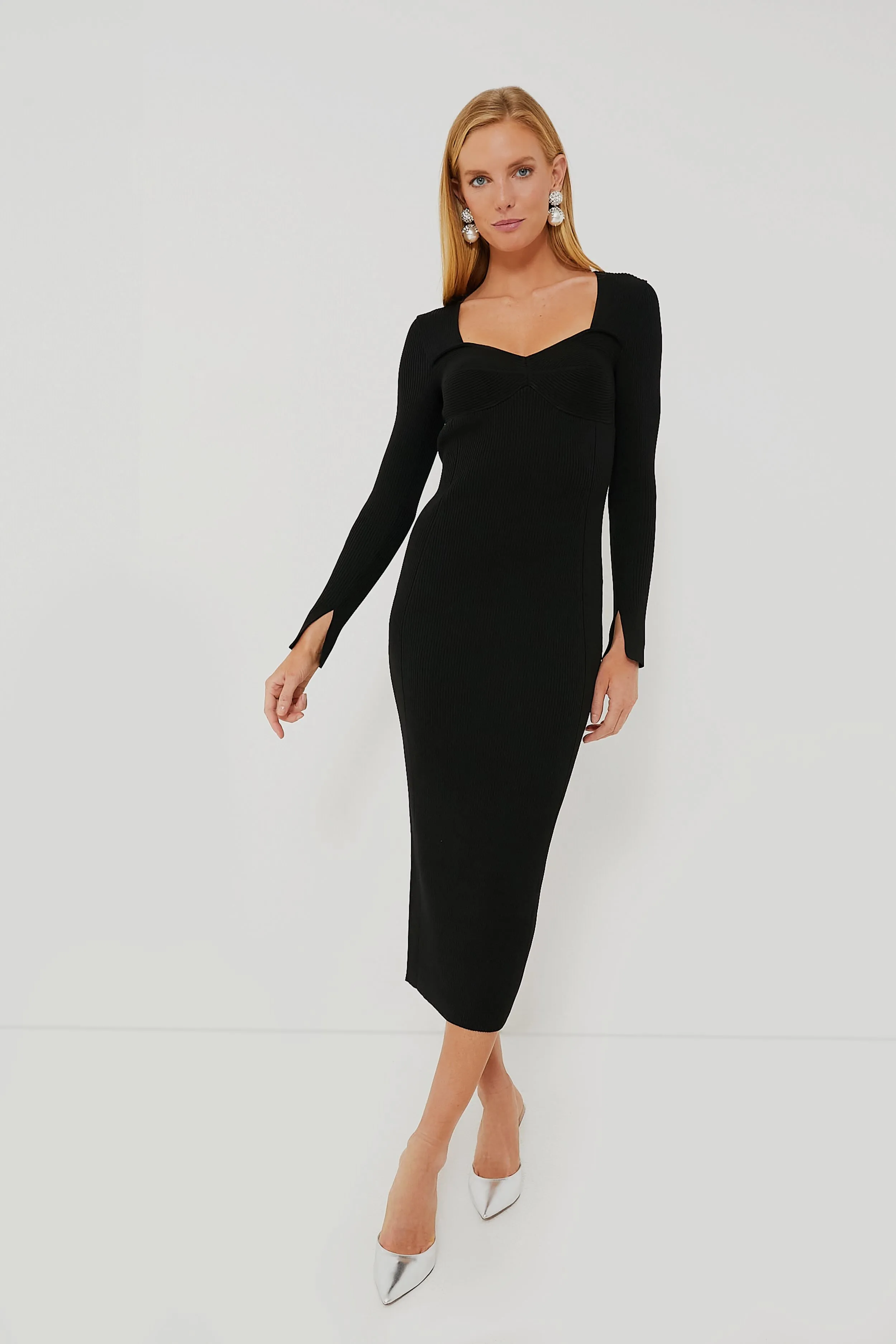 Black Long Sleeve Sculpted Midi Dress