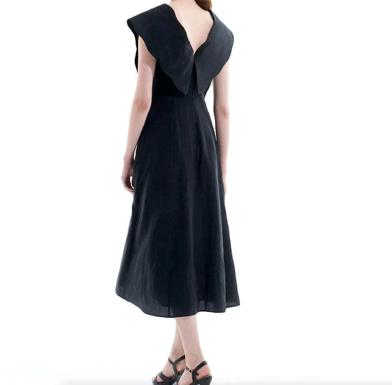 Black Tencel Linen Big Collar Dress