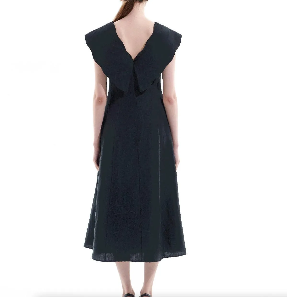 Black Tencel Linen Big Collar Dress