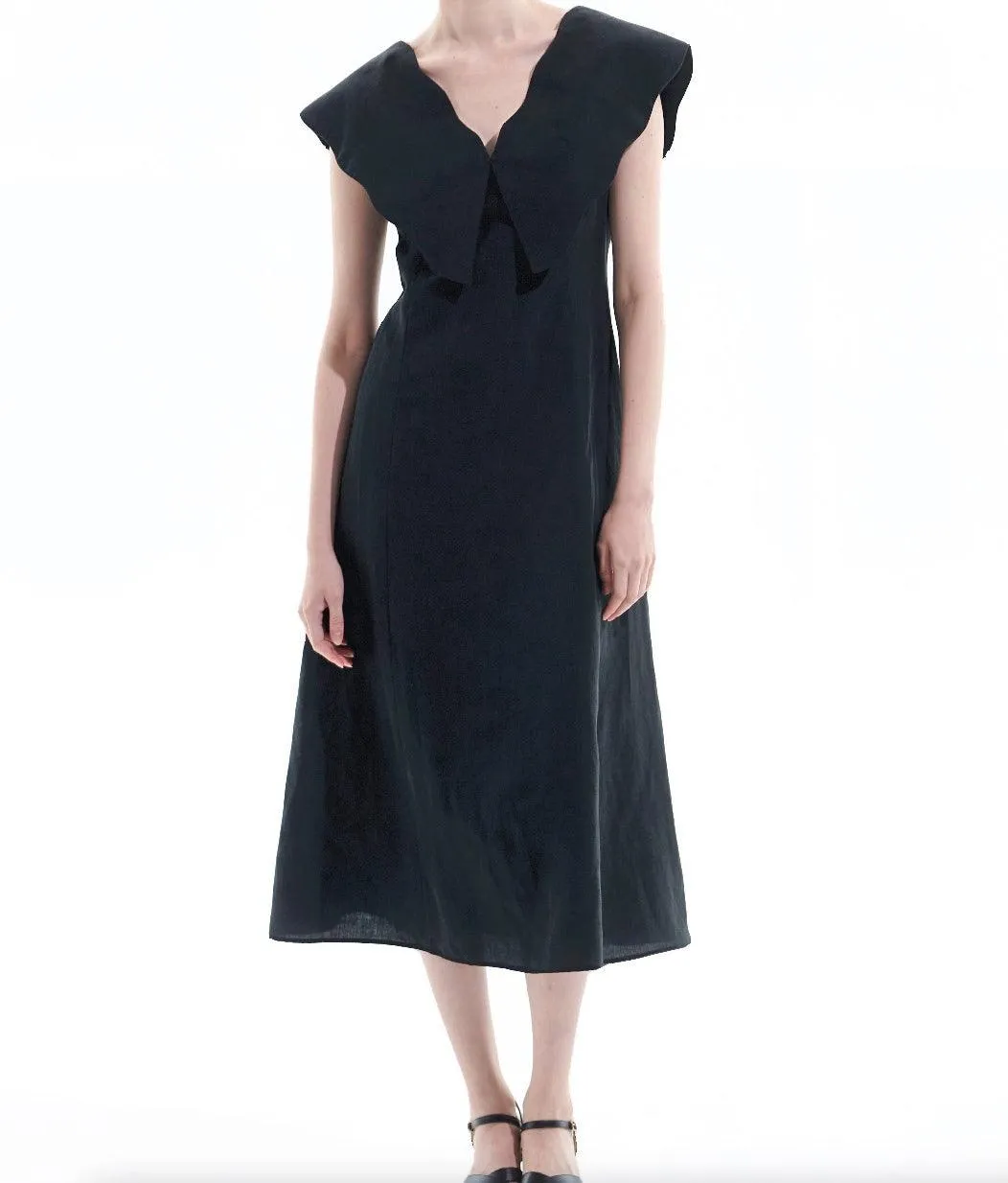 Black Tencel Linen Big Collar Dress