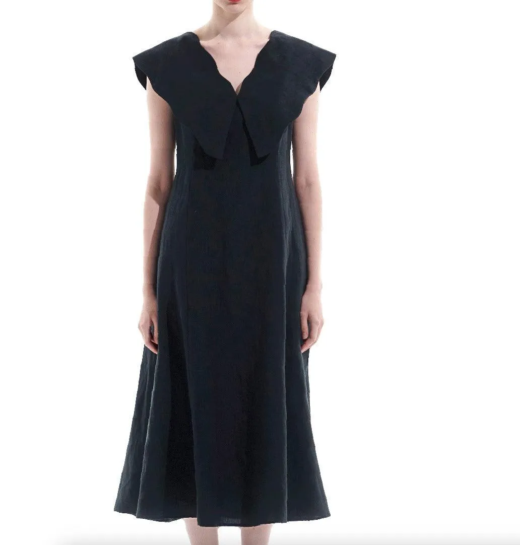 Black Tencel Linen Big Collar Dress