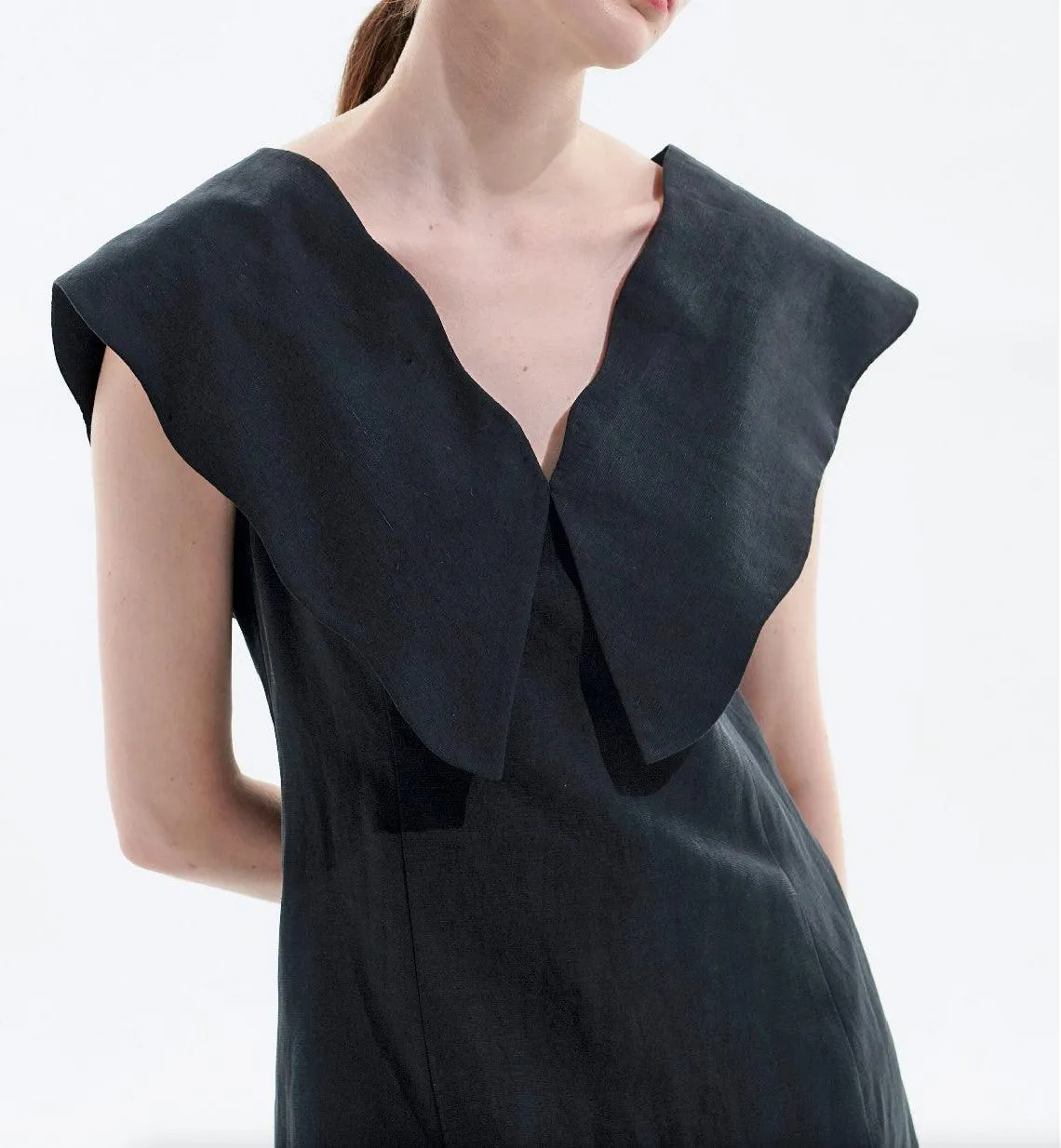 Black Tencel Linen Big Collar Dress