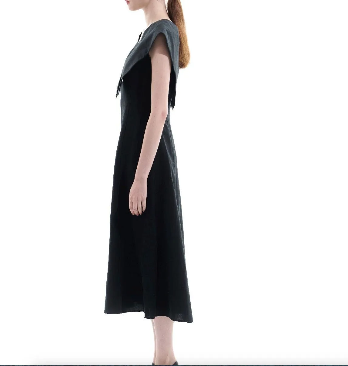 Black Tencel Linen Big Collar Dress