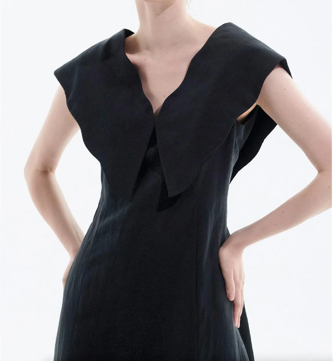 Black Tencel Linen Big Collar Dress