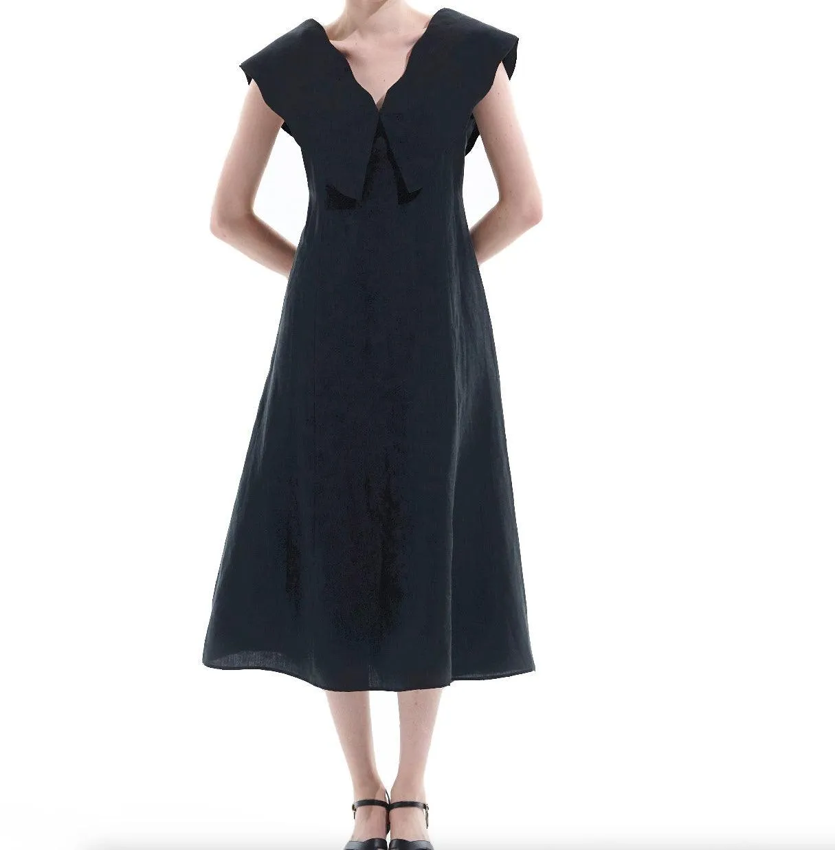 Black Tencel Linen Big Collar Dress