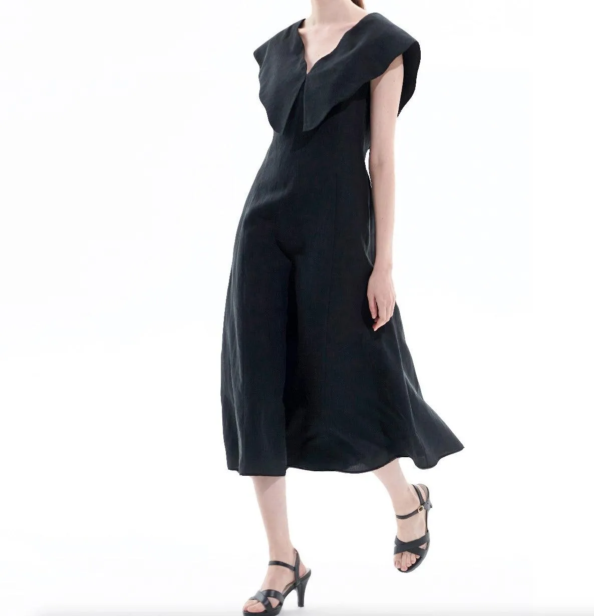 Black Tencel Linen Big Collar Dress