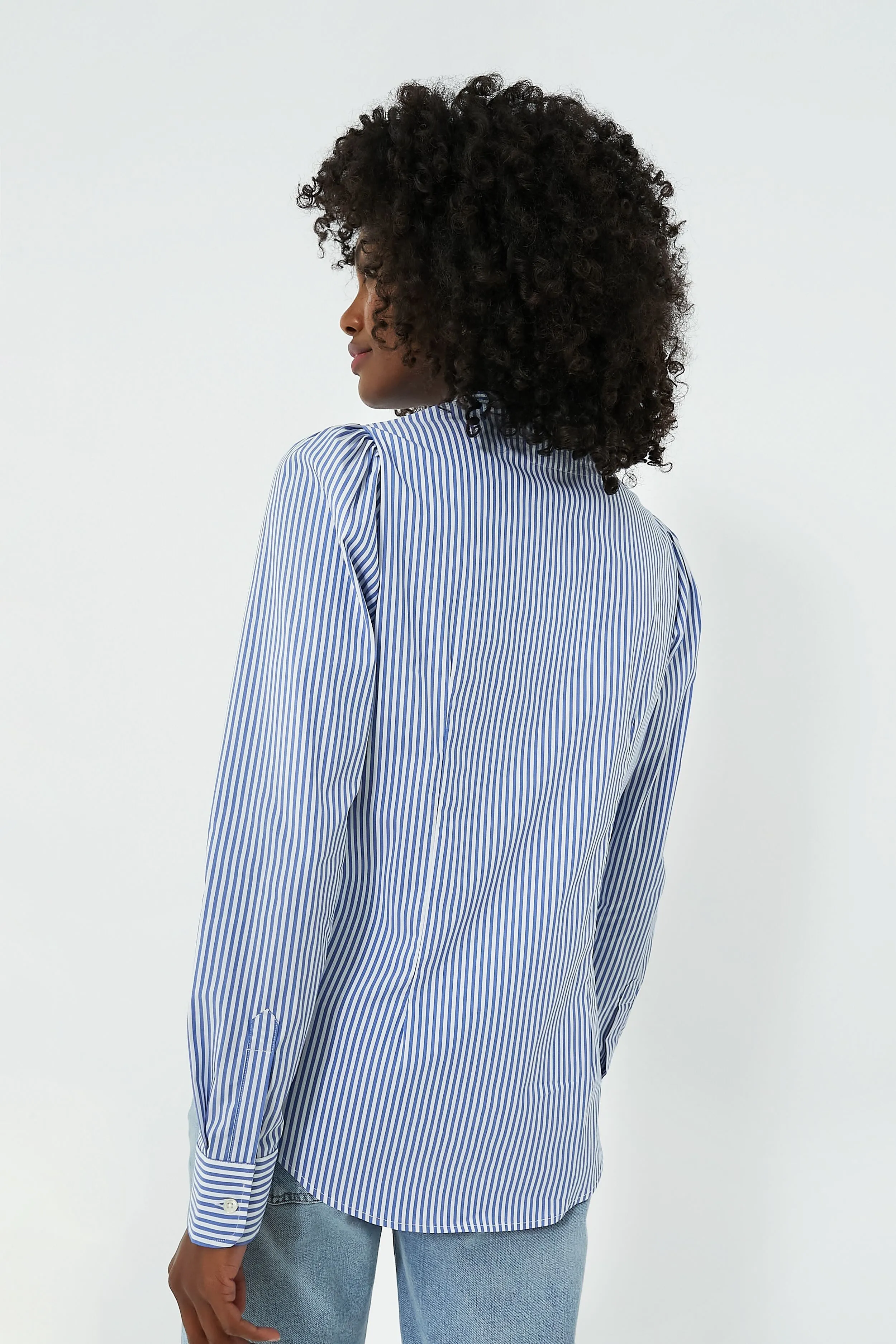 Blue and White Stripe Puffed Shoulder Shirt