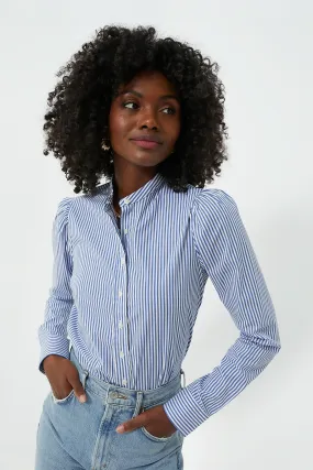 Blue and White Stripe Puffed Shoulder Shirt