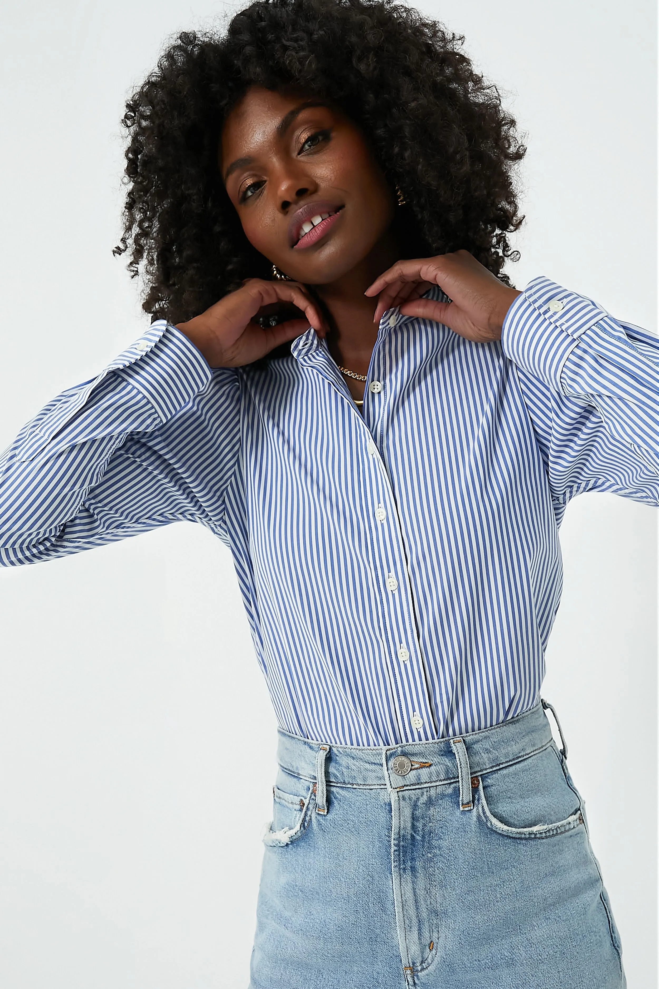 Blue and White Stripe Puffed Shoulder Shirt