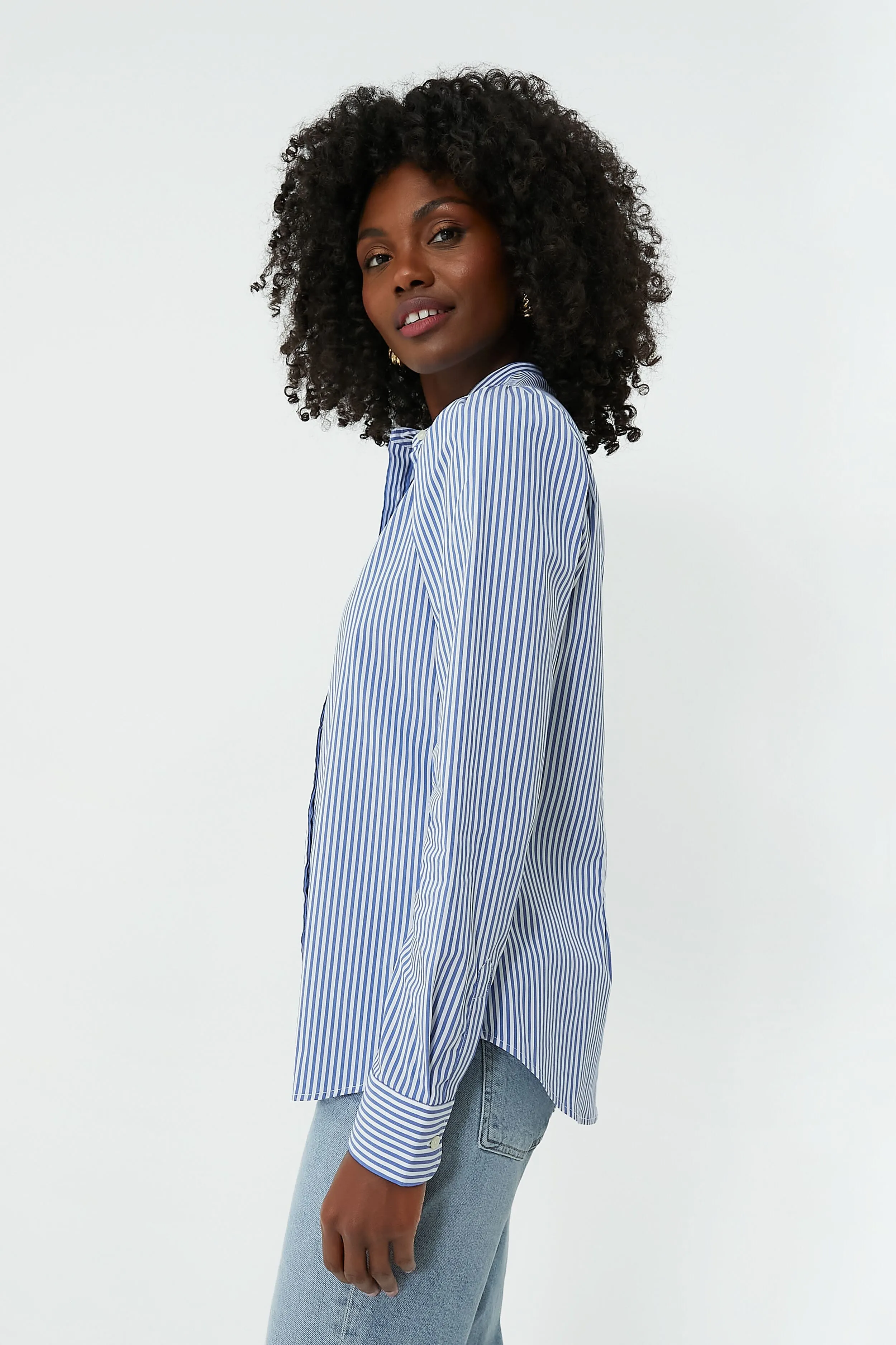 Blue and White Stripe Puffed Shoulder Shirt