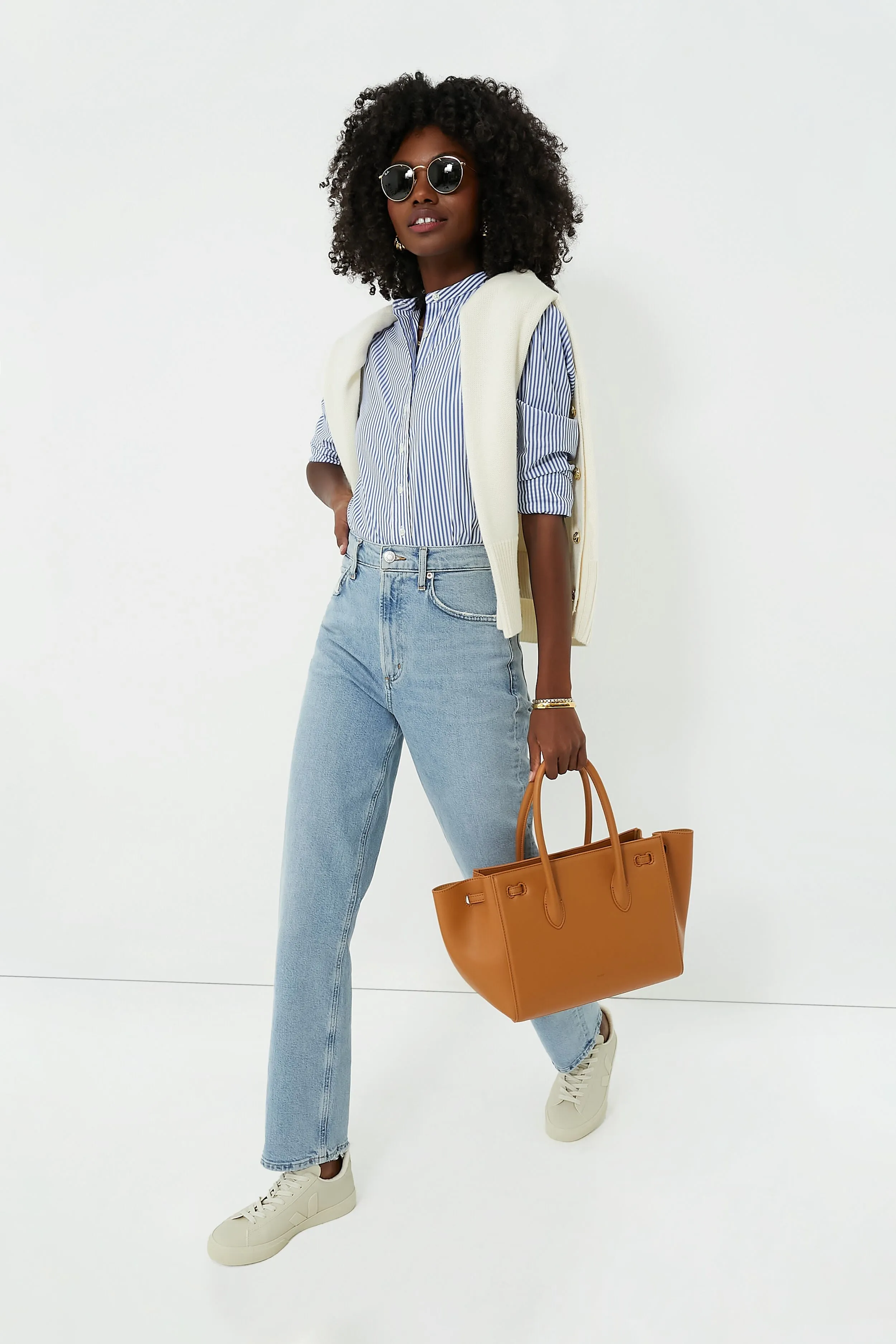 Blue and White Stripe Puffed Shoulder Shirt