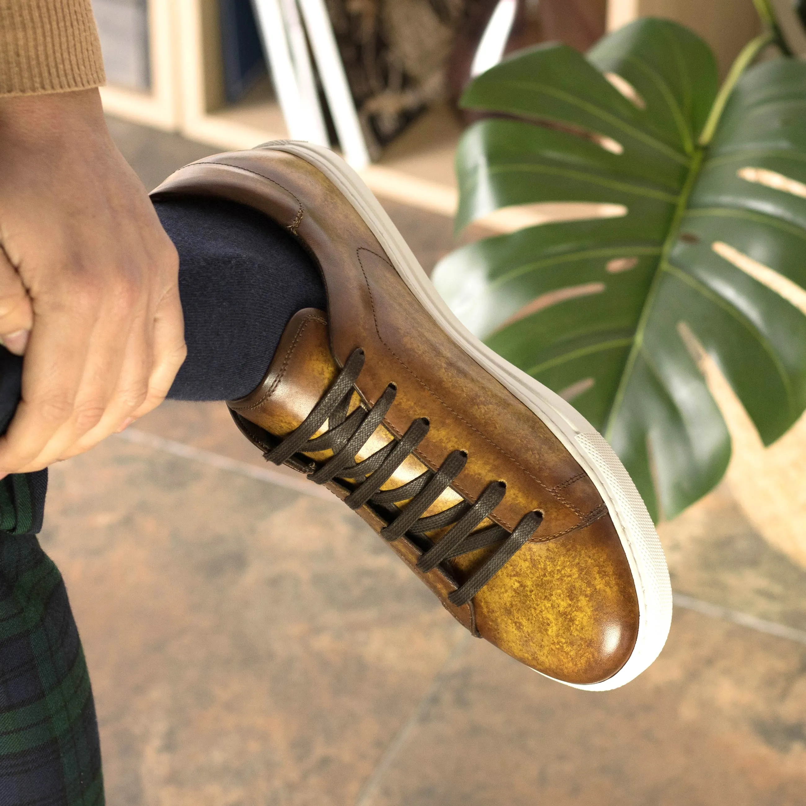 Cognac Patina Leather Trainers