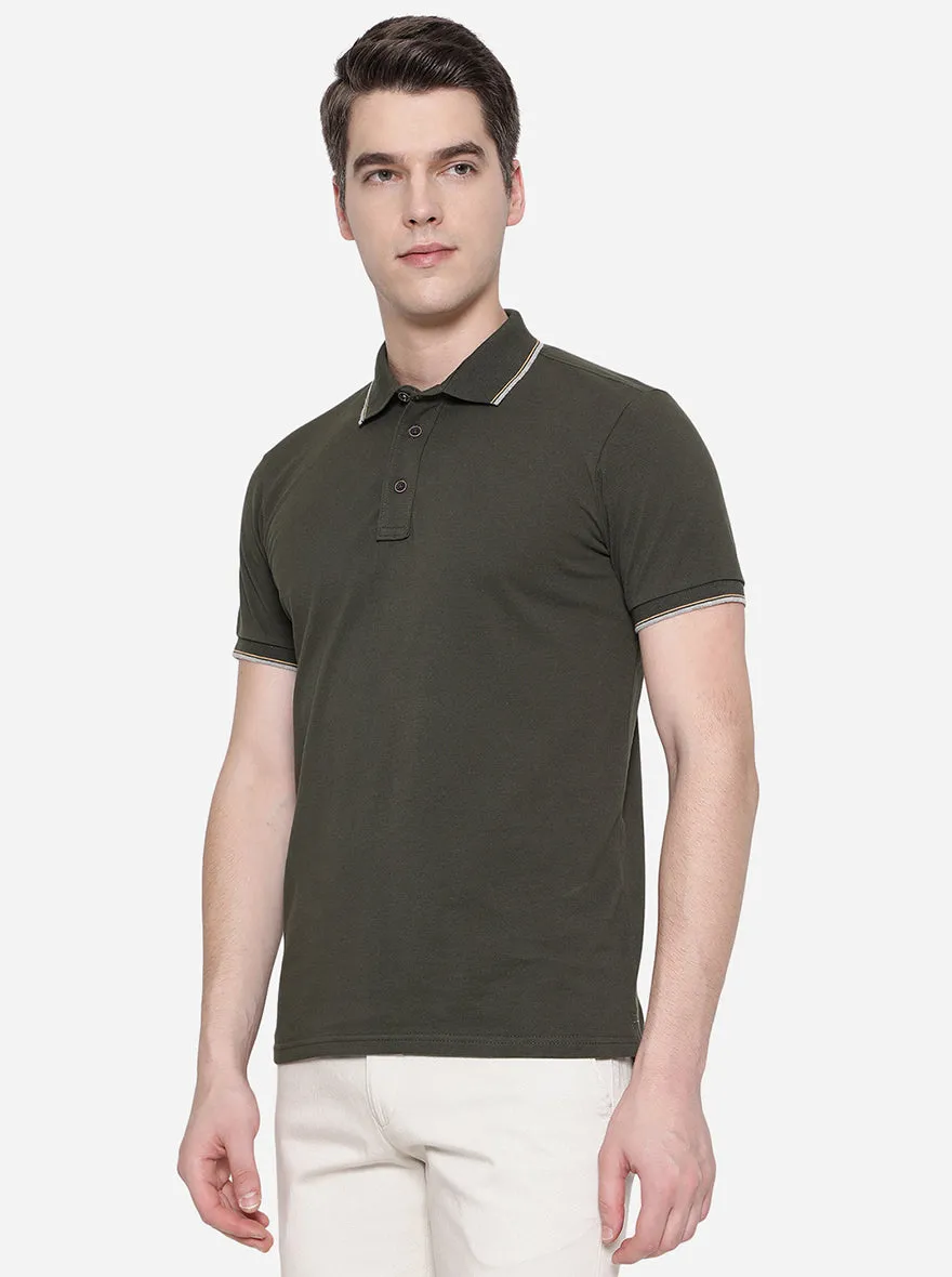 Dark Olive Solid Slim Fit Polo T-Shirt | JadeBlue