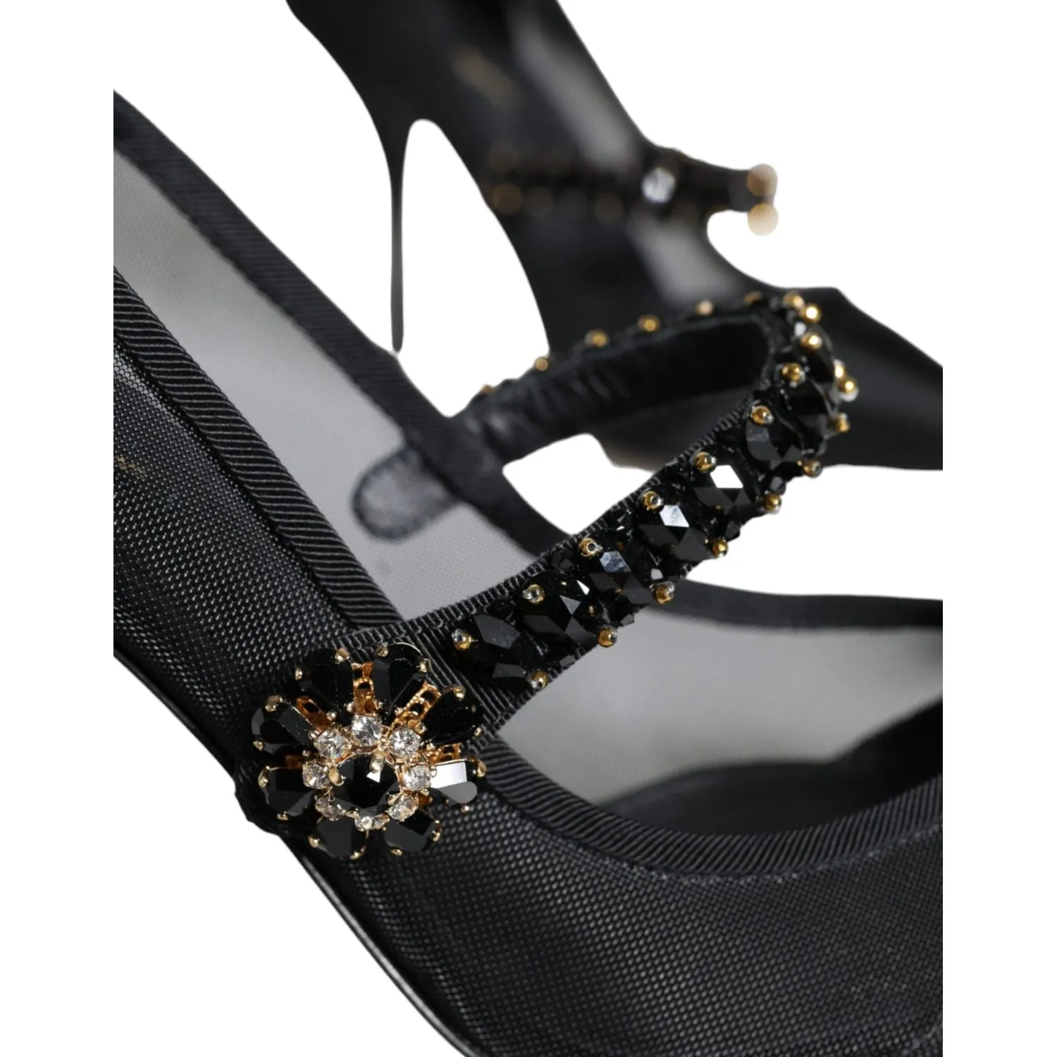 Dolce & Gabbana Black Mesh Mary Jane Crystal Heel Pumps Shoes