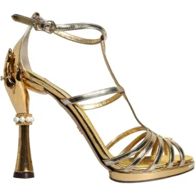 Dolce & Gabbana Gold Leather Baroque Heels Sandals Shoes