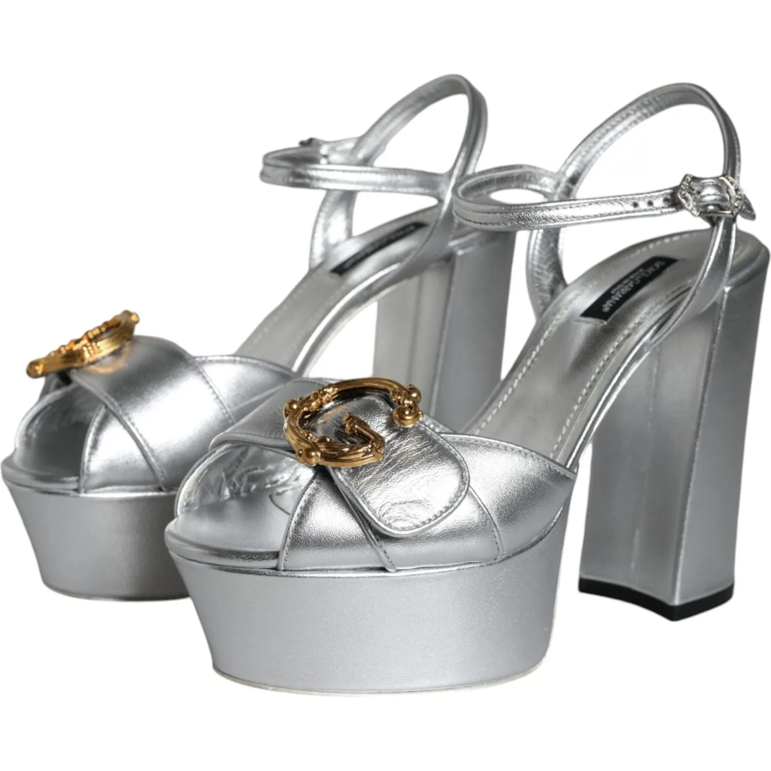 Dolce & Gabbana Silver Leather Platform Logo Keira Sandals Shoes