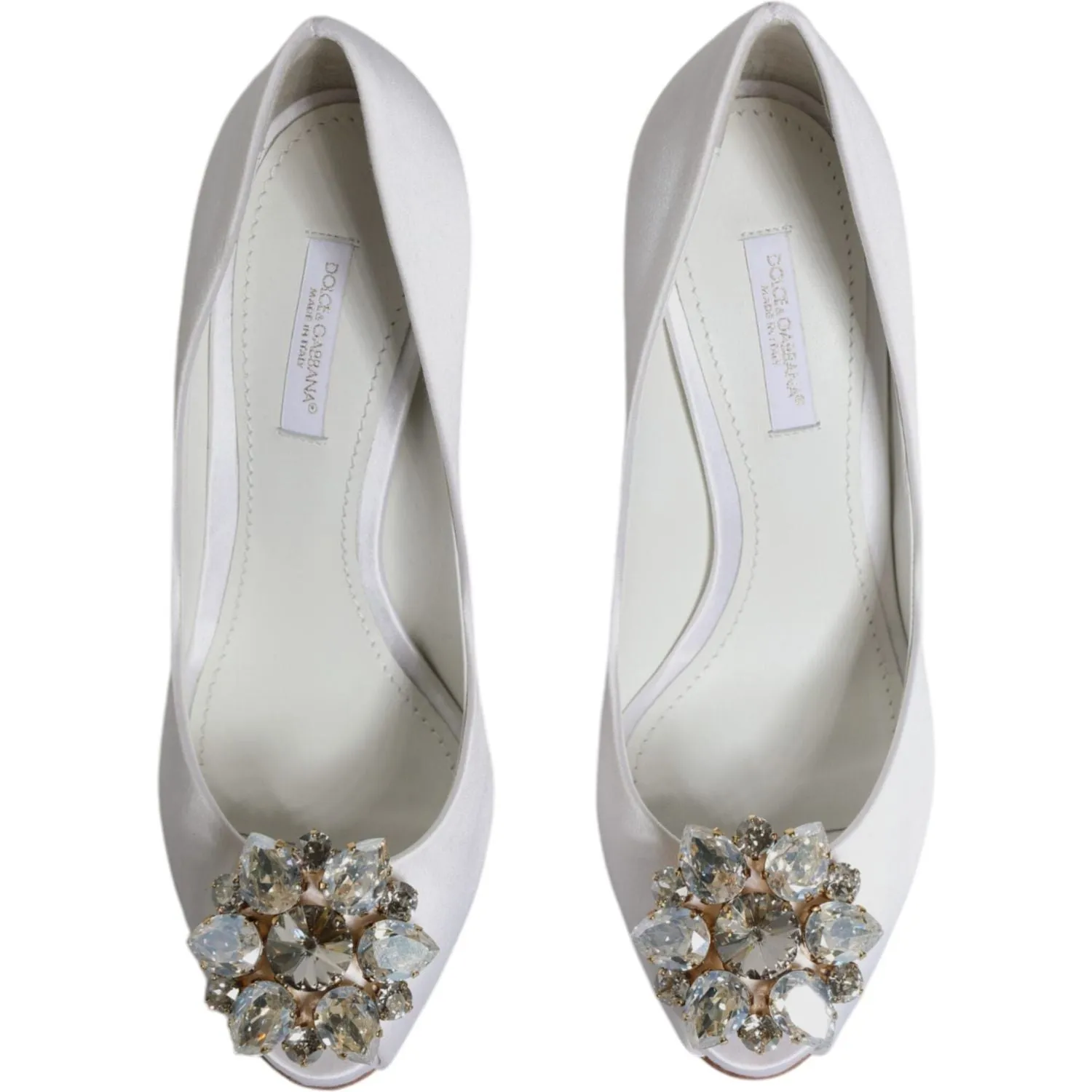 Dolce & Gabbana White Crystals Peep Toe Satin Pumps Shoes