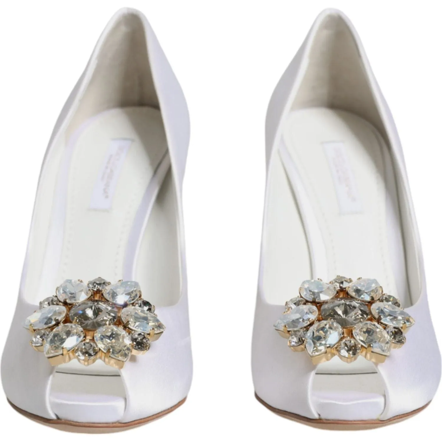 Dolce & Gabbana White Crystals Peep Toe Satin Pumps Shoes