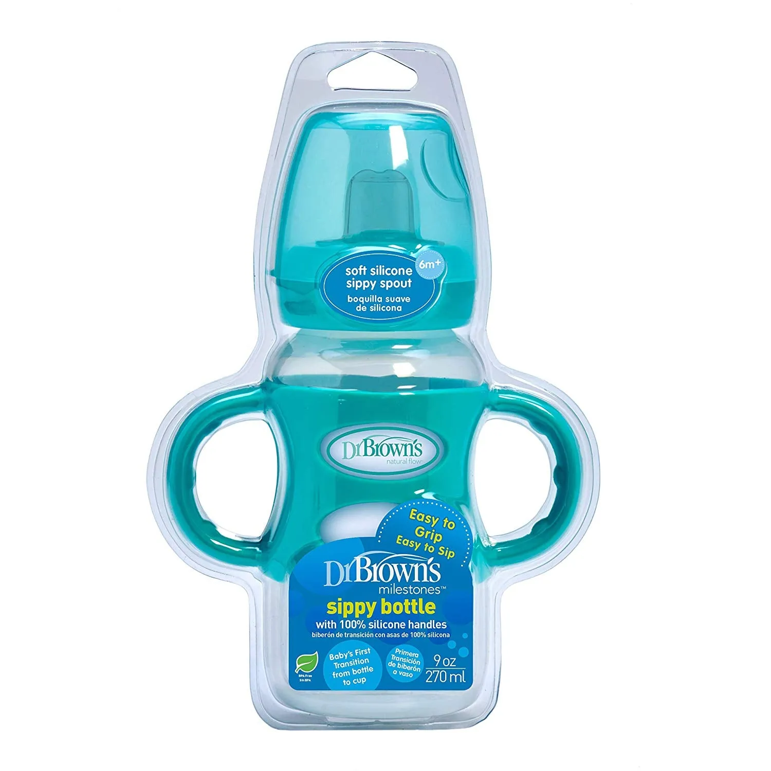 Dr Brown's 9 oz/270 ml PP WW "Options Compatible " Sippy Spout Bottle W/ Silicon Handles, Turquoise