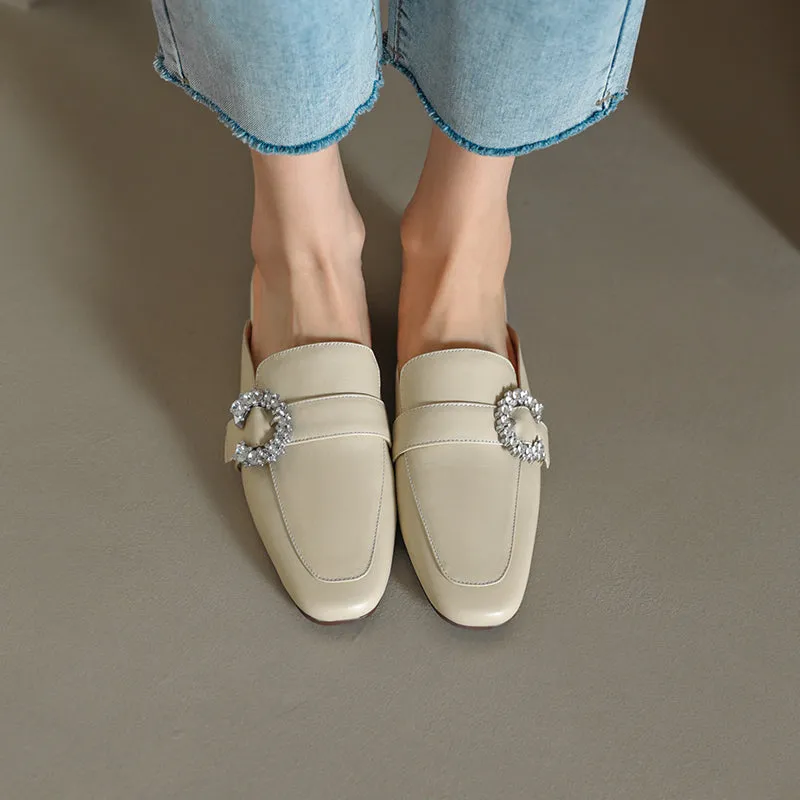 Elara Beige Leather Flat Mules