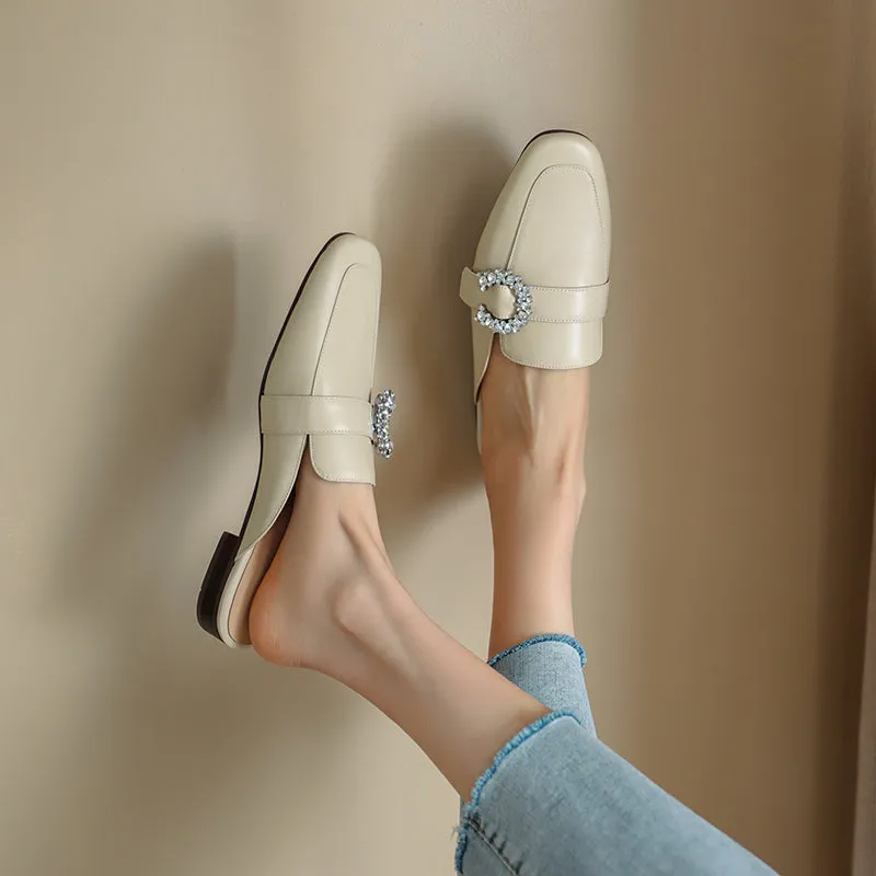 Elara Beige Leather Flat Mules