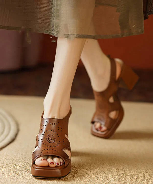 Elegant Brown Peep Toe Hollow Out Cowhide Leather Platform Chunky Sandals RT1073