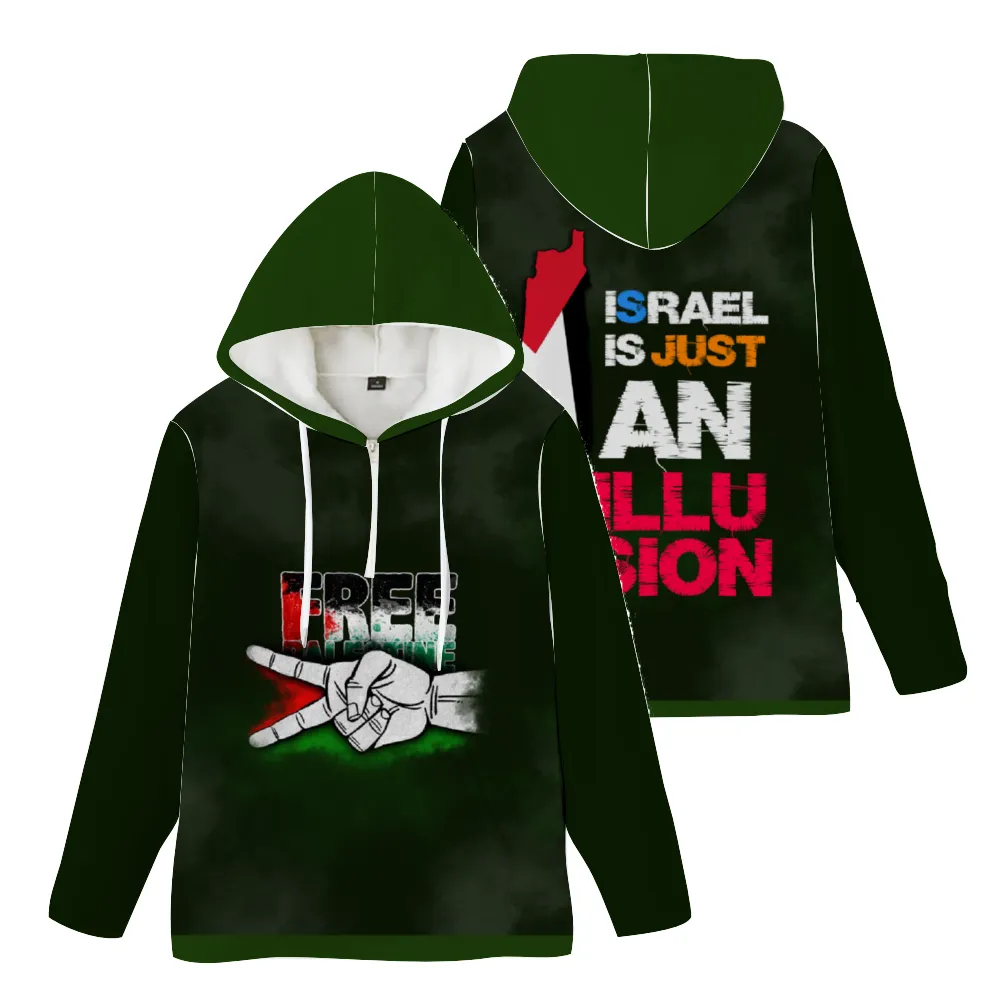 Free Palestine Unisex Hoodies Novelty with Zipper - Dark Green