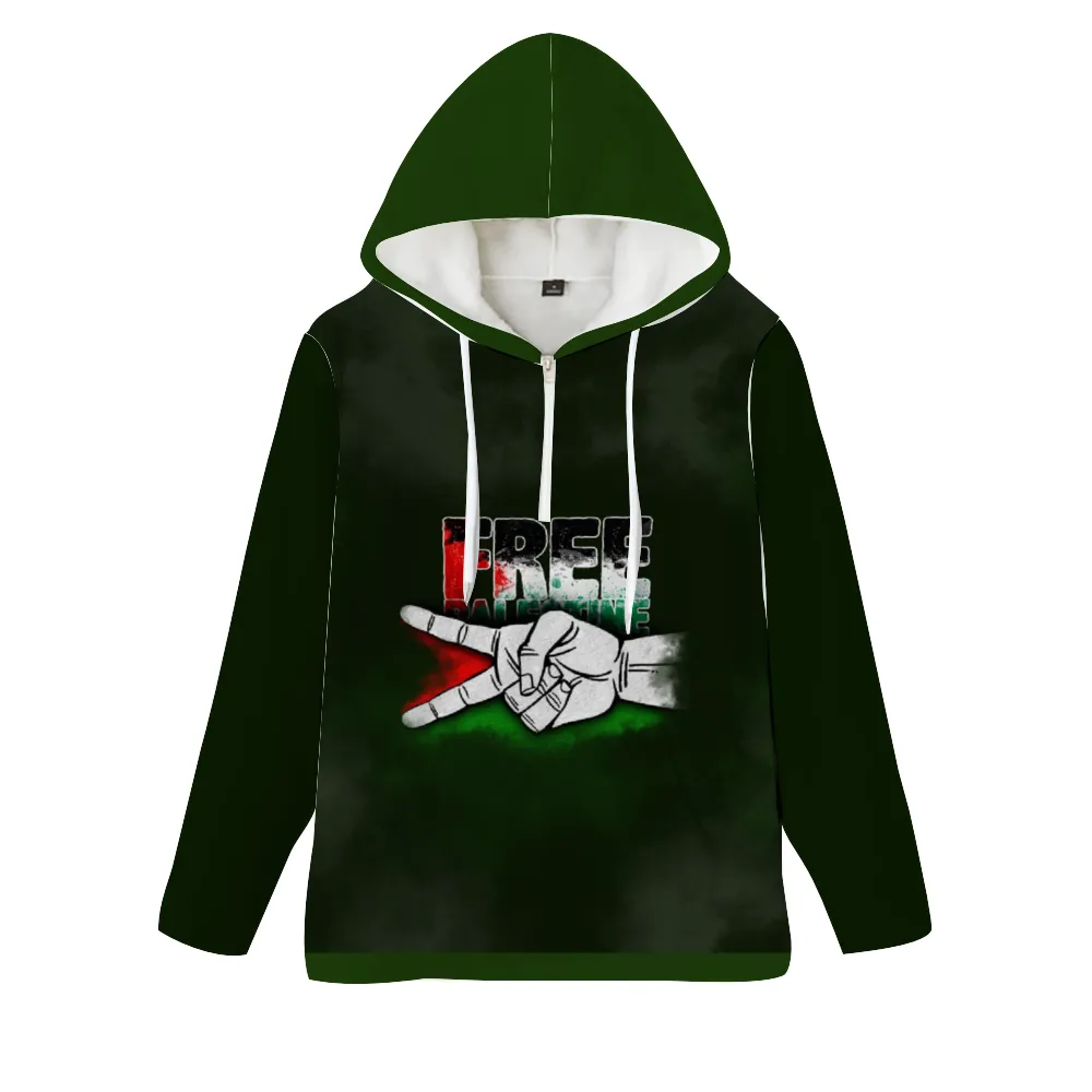 Free Palestine Unisex Hoodies Novelty with Zipper - Dark Green