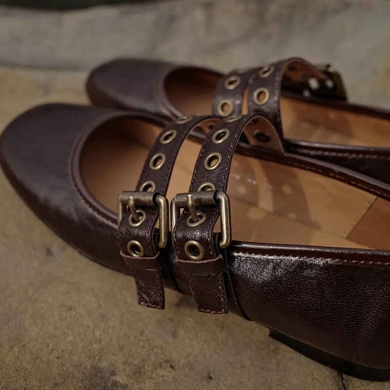 Handmade Leather Mary Jane Flats Double Strappy with Rivet Dress Shoes in Brown/Black